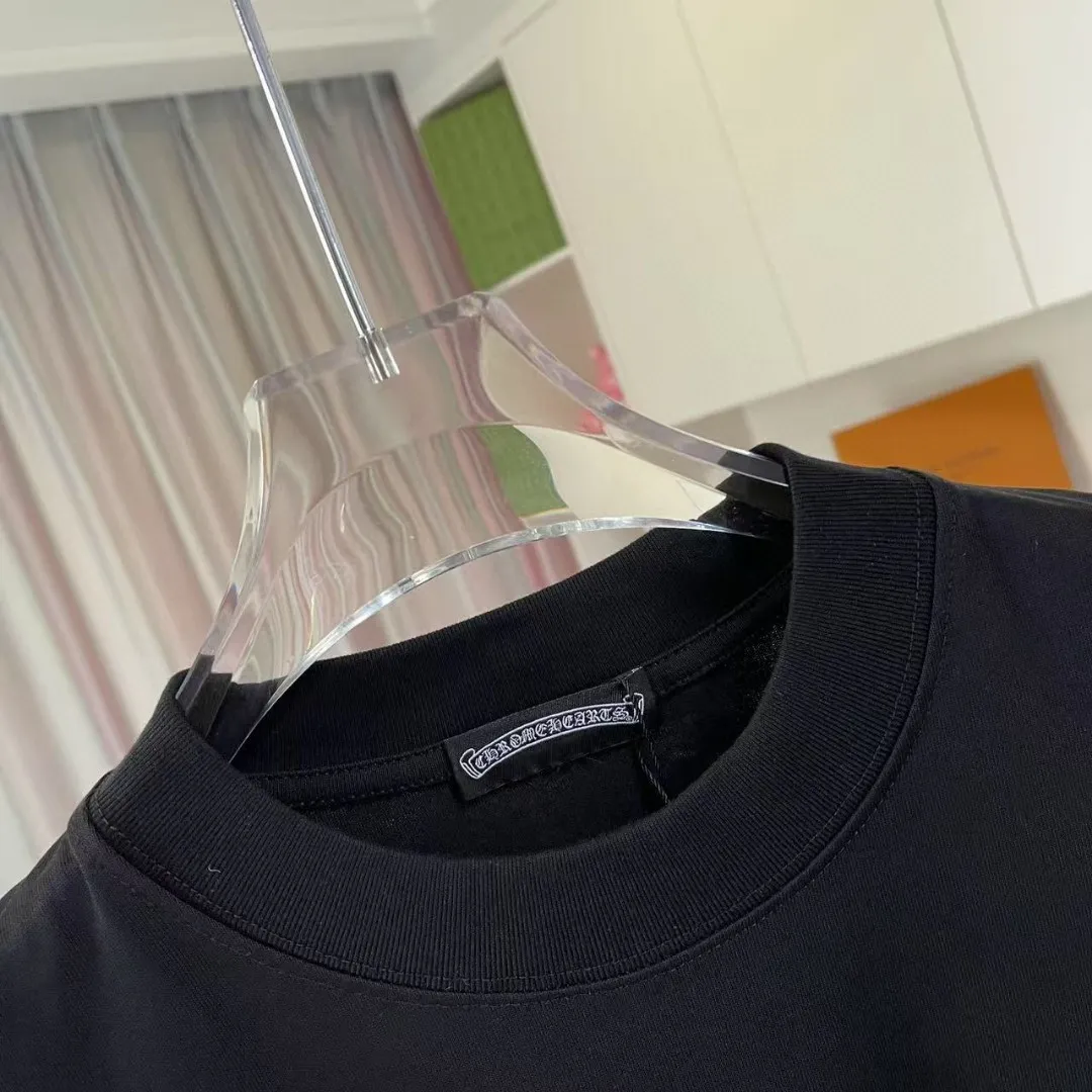 🅿️200 ch Crow* 2025 spring and summer new style Sanskrit horseshoe cross cross vacuum embroidery short-sleeved t-shirt custom fabric 300g same style for men and women Size: S M L XL XXL Five codes Color: black white